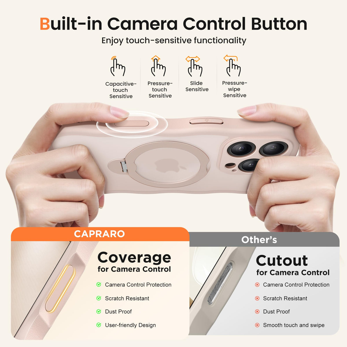CAPRARO for iPhone 16 Pro Case with Magnetic Stand, Rose Gold