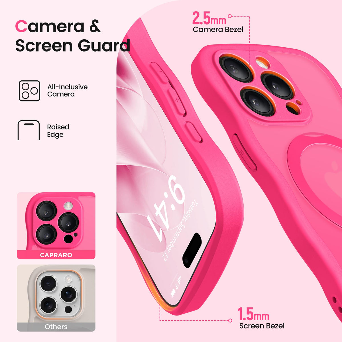 CAPRARO for iPhone 15 Pro Case with Magnetic Stand, Hot Pink