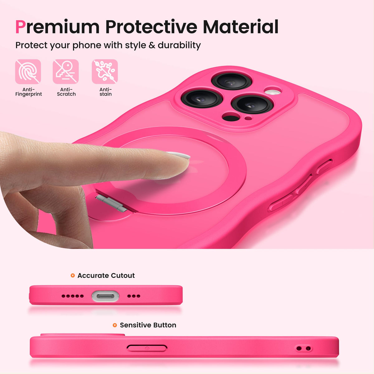 CAPRARO for iPhone 15 Pro Case with Magnetic Stand, Hot Pink