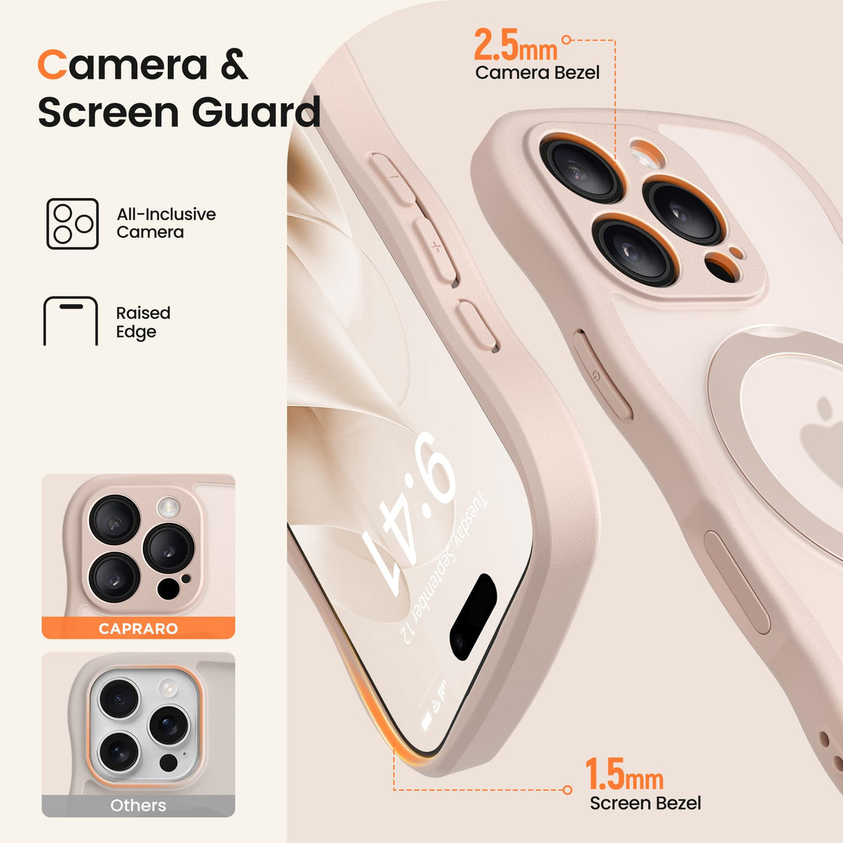 CAPRARO for iPhone 16 Pro Case with Magnetic Stand, Rose Gold