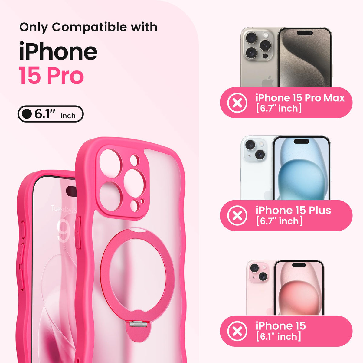 CAPRARO for iPhone 15 Pro Case with Magnetic Stand, Hot Pink