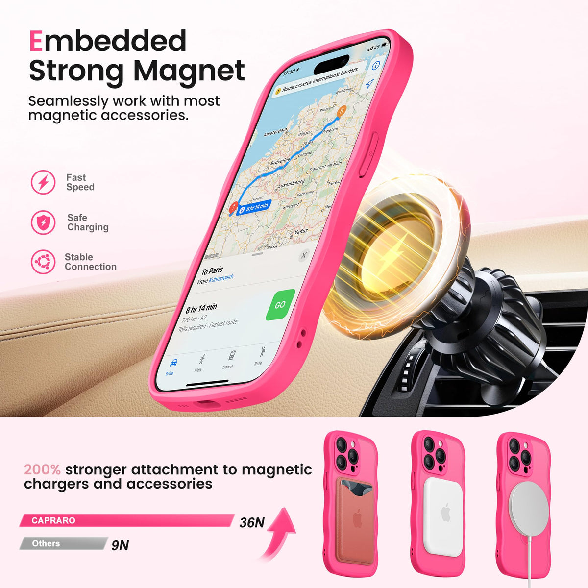 CAPRARO for iPhone 15 Pro Case with Magnetic Stand, Hot Pink