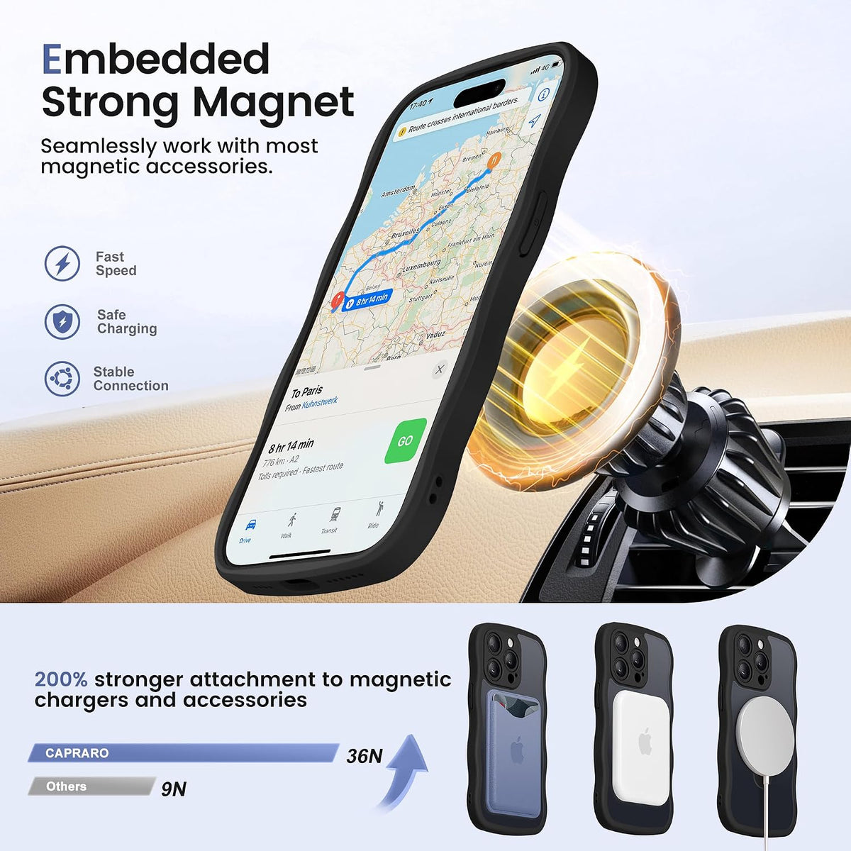 CAPRARO for iPhone 15 Pro Max Case with Magnetic Stand, Black