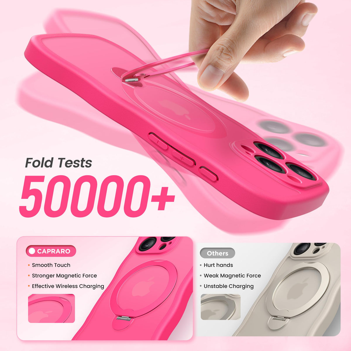 CAPRARO for iPhone 15 Pro Case with Magnetic Stand, Hot Pink