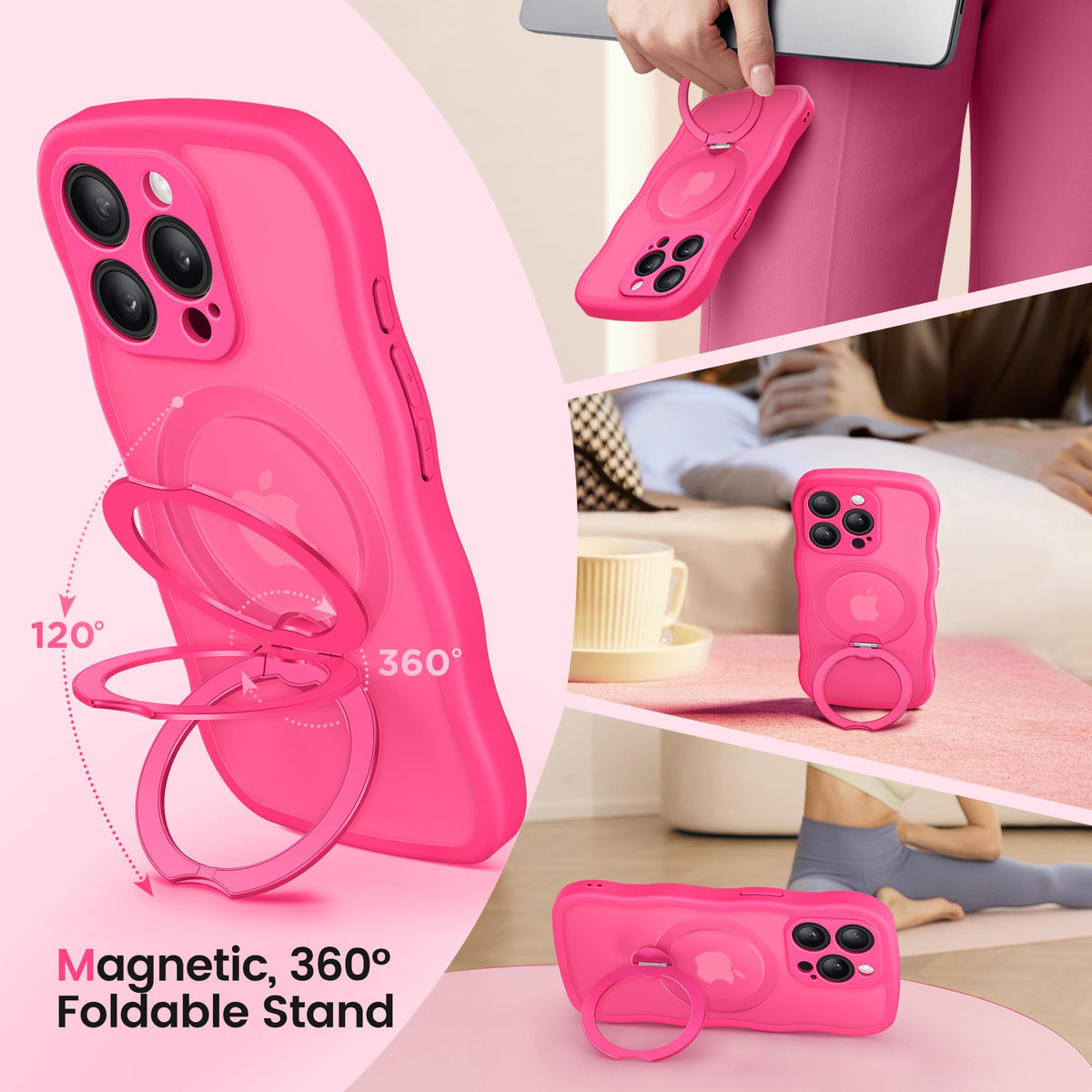 CAPRARO for iPhone 15 Pro Case with Magnetic Stand, Hot Pink