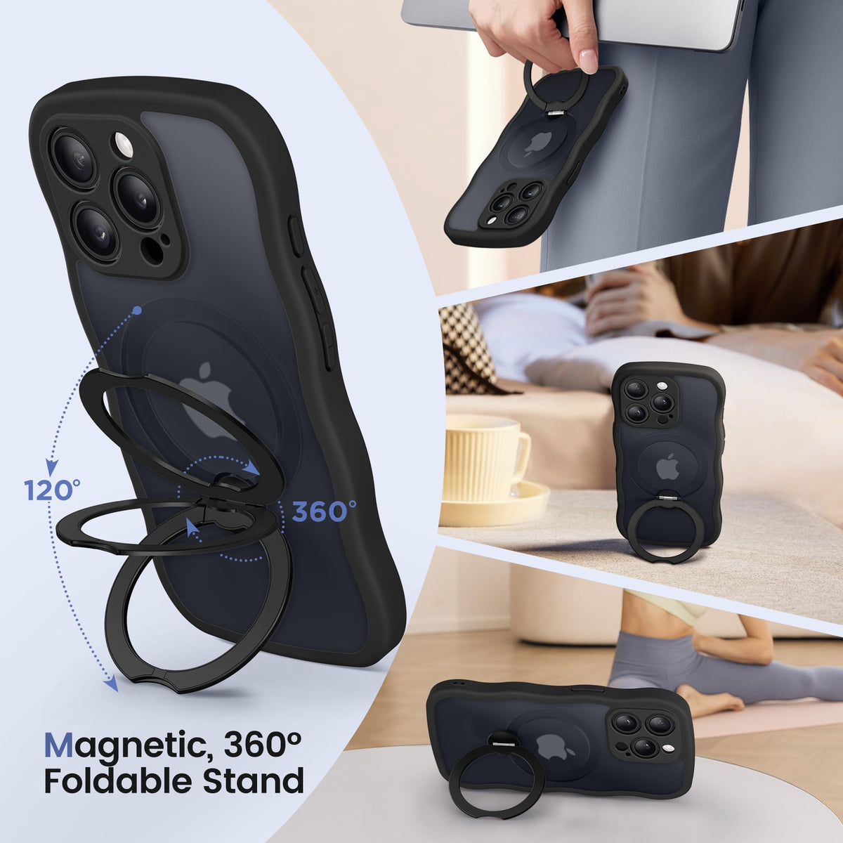 CAPRARO for iPhone 15 Pro Max Case with Magnetic Stand, Black