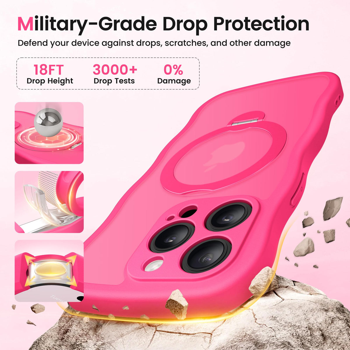 CAPRARO for iPhone 15 Pro Case with Magnetic Stand, Hot Pink