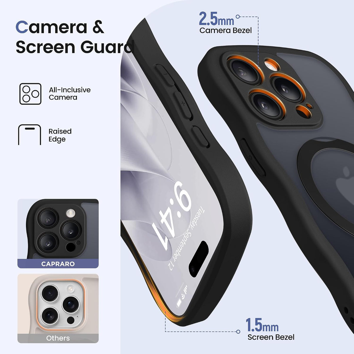 CAPRARO for iPhone 15 Pro Max Case with Magnetic Stand, Black